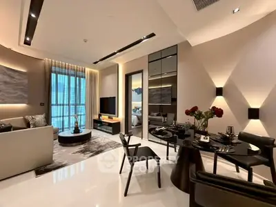 Luxurious modern living room with elegant dining area and city view.