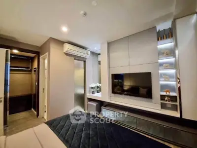 Modern bedroom with sleek design and built-in storage solutions