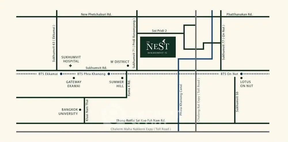 Map showing location of The Nest Sukhumvit 71 with nearby landmarks and roads.