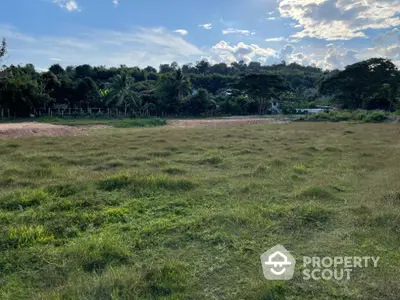 Expansive lush green land under a clear sky, perfect for a bespoke residential or commercial development, surrounded by nature.