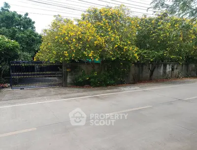 Charming residential entrance with lush yellow flowering trees and secure gate