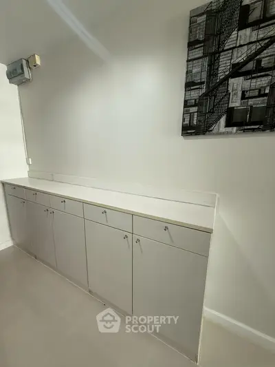 Modern storage area with sleek cabinetry and contemporary wall art