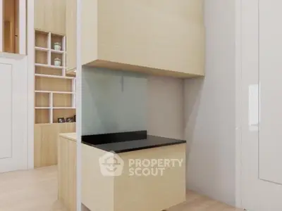 Modern minimalist interior with light wood cabinetry and sleek design