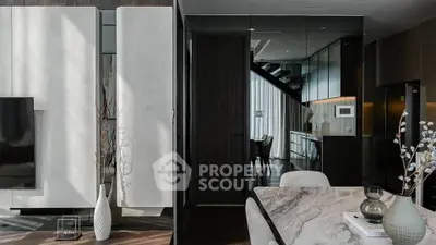 Luxurious modern living room with elegant decor and open layout, featuring marble dining table and stylish furniture.