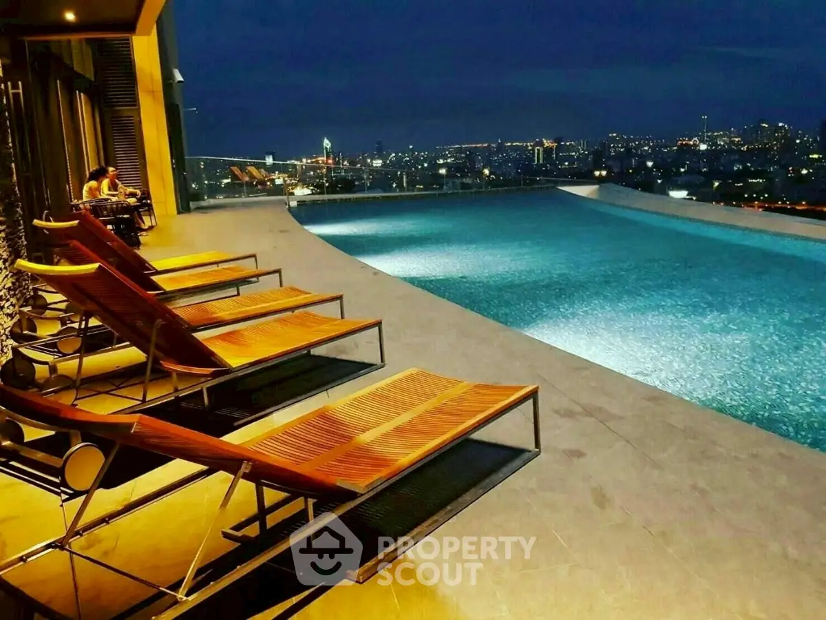 Luxurious rooftop pool with stunning city skyline view at night.