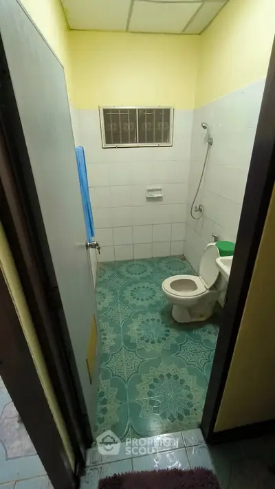 Compact bathroom with shower and toilet, featuring patterned floor tiles and a small window.