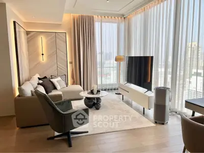 Luxurious modern living room with floor-to-ceiling windows and city view