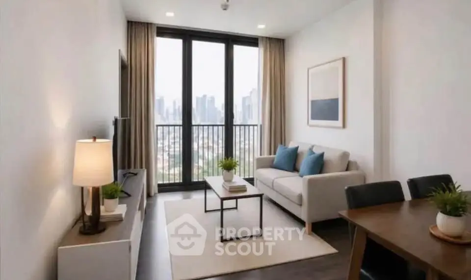 Modern living room with city view, stylish decor, and natural light.