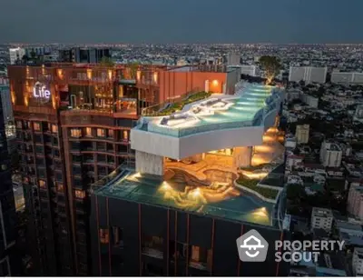 Luxurious rooftop pool with stunning cityscape view at twilight in modern high-rise building.