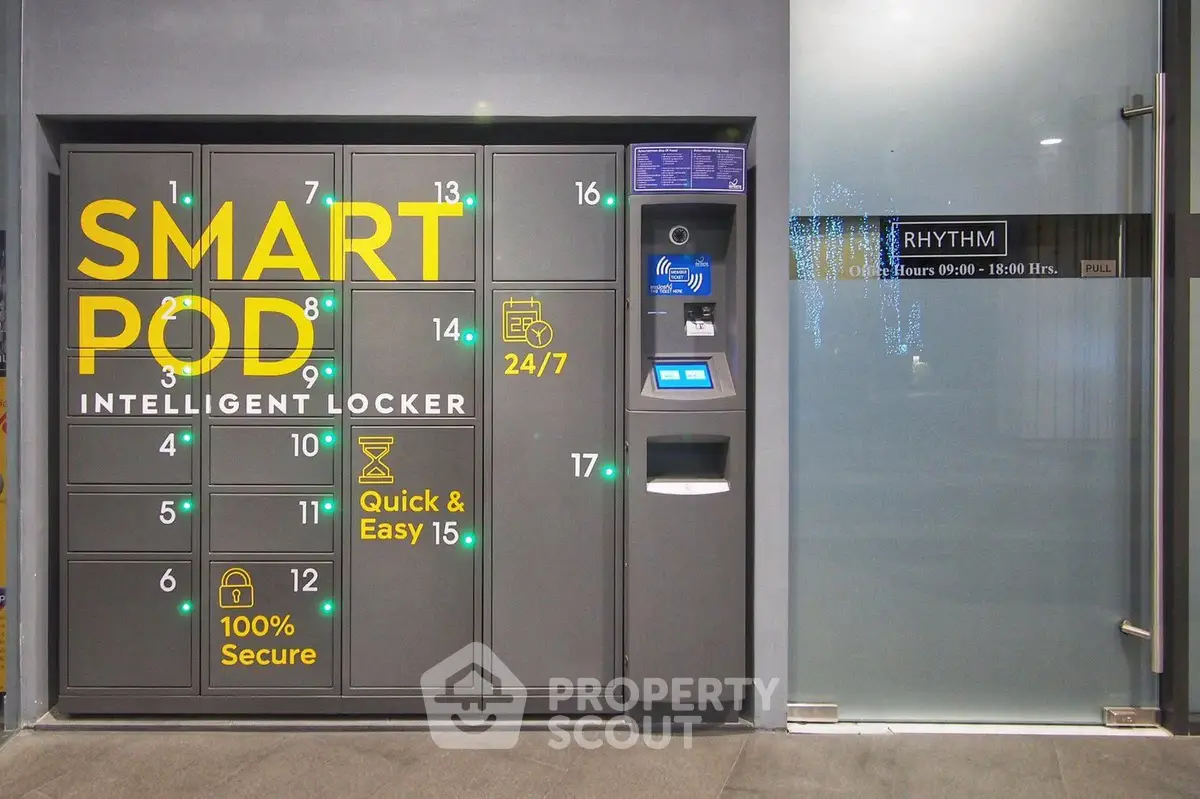 Modern intelligent locker system in a sleek building entrance with secure access.