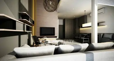 Modern living room with sleek design and open layout, featuring stylish furniture and ambient lighting.