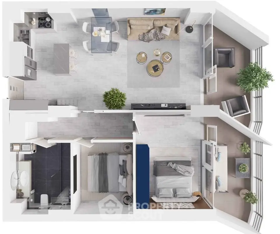 Modern apartment floor plan with open living area, two bedrooms, and balcony.