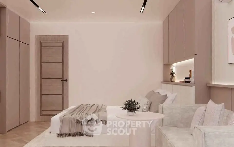 Elegant modern bedroom with neutral tones and cozy decor