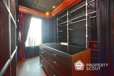 Luxurious walk-in closet with sleek modern design and ample storage space.