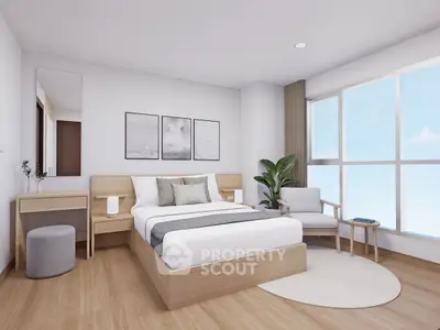 Modern bedroom with large window and stylish decor