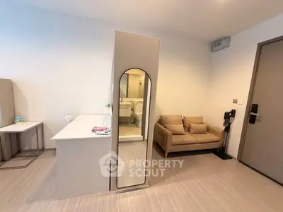 Modern apartment interior with cozy living area and sleek design