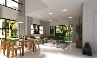 Luxurious open-plan living room with modern decor and garden view