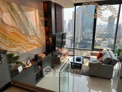 Luxurious living room with stunning city view and modern decor