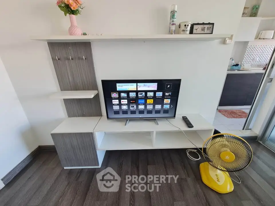 Modern living room with sleek TV stand and stylish decor