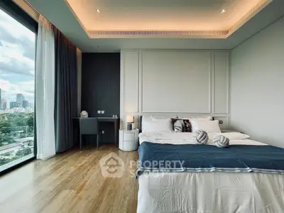 Luxurious bedroom with city view and modern decor