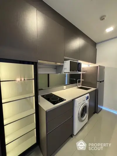 Modern kitchen with sleek cabinets, washing machine, and built-in appliances