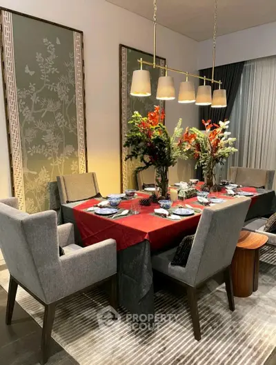 Elegant dining room with stylish decor and modern lighting, perfect for hosting dinner parties.