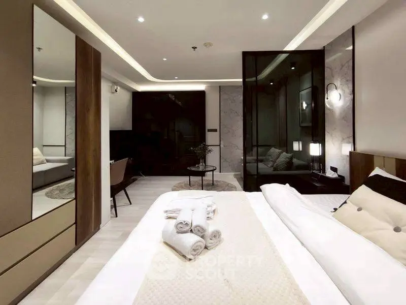 Luxurious modern bedroom with elegant decor and ambient lighting