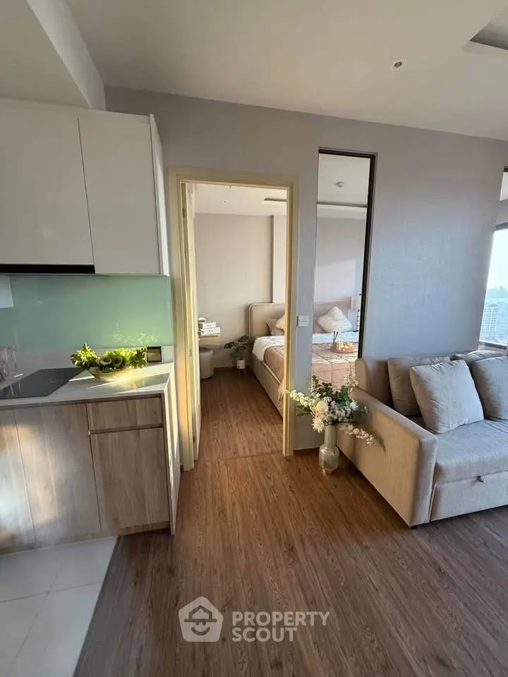 Modern apartment interior with cozy living room and stylish kitchen