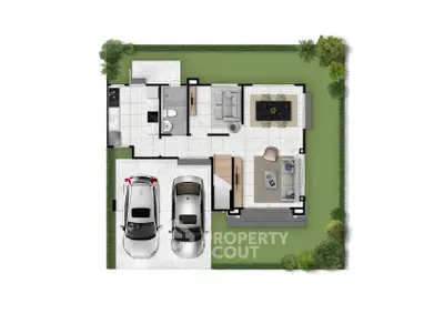 Modern house floor plan with spacious living area and two-car garage.