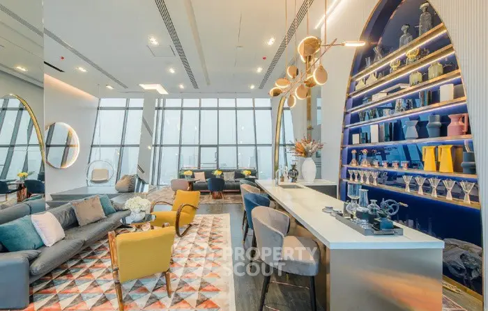 Luxurious modern living room with stylish bar and panoramic city view