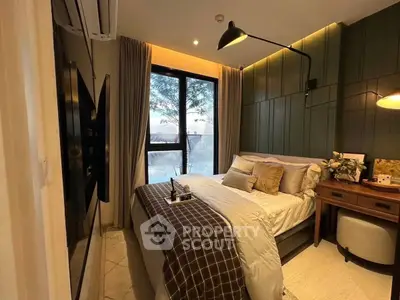 Cozy modern bedroom with elegant decor and large window view