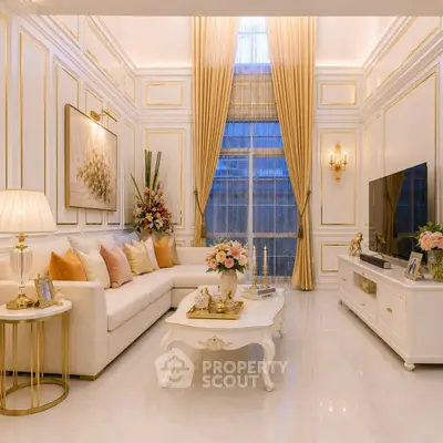 Luxurious living room with elegant decor, high ceilings, and large windows for natural light.
