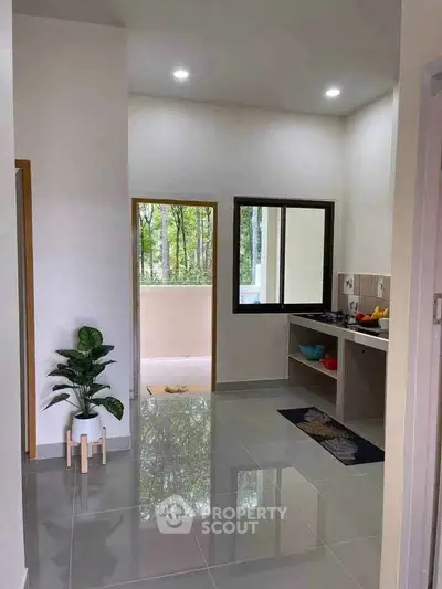 Modern kitchen with sleek design and open layout, featuring large window and potted plant for a fresh ambiance.