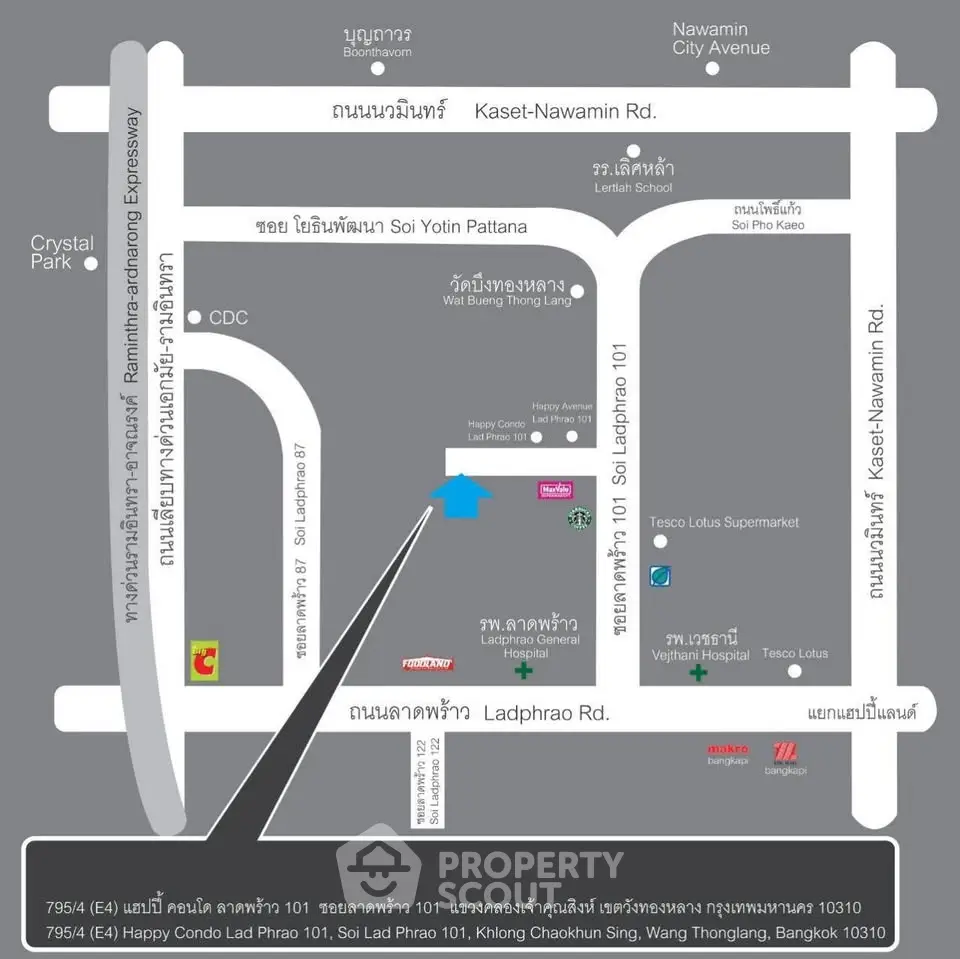 Map showing location of Happy Condo Ladprao 101 in Bangkok with nearby landmarks.