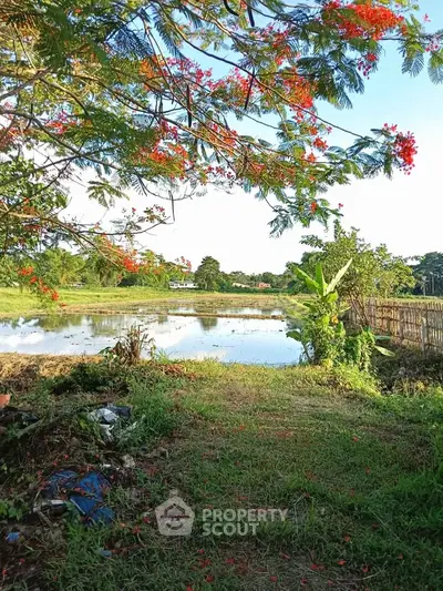 Scenic view of lush garden with vibrant flowers and tranquil pond, perfect for serene living.
