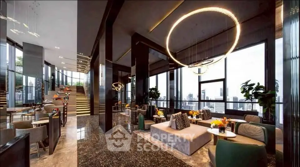 Luxurious modern living room with stunning city views and elegant lighting fixtures.