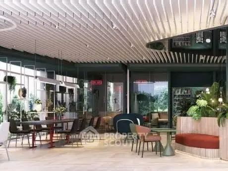 Modern and stylish living room with unique ceiling design and lush greenery.