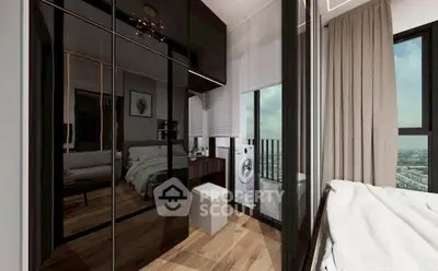 Modern bedroom with balcony and washing machine, featuring sleek black wardrobe and city view.