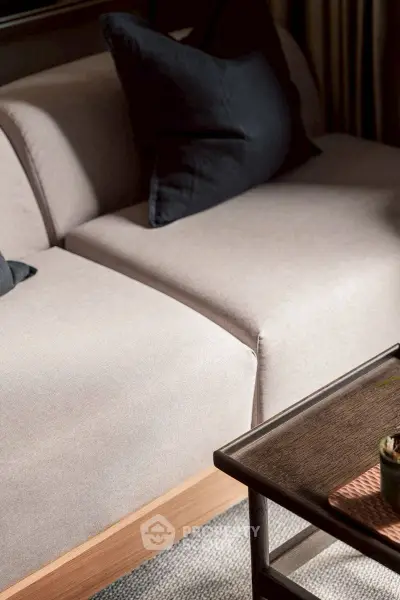 Modern living room with stylish beige sofa and dark cushions, perfect for cozy relaxation.