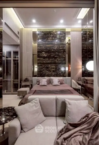 Luxurious modern bedroom with elegant decor and plush furnishings