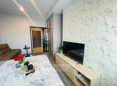 Modern living room with marble accents and sleek furniture