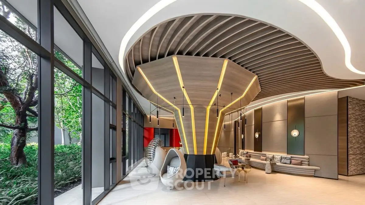 Luxurious modern living room with unique ceiling design and large windows overlooking garden.