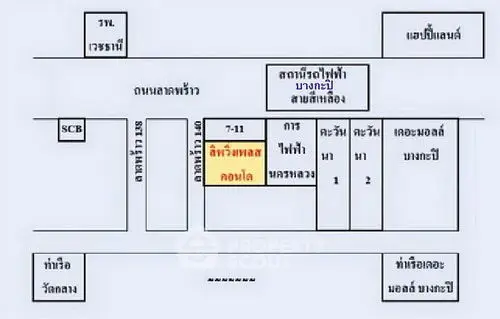 Map layout showing location of a condo near public transport and amenities.
