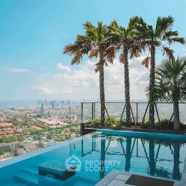 Stunning rooftop pool with panoramic city skyline view and palm trees.