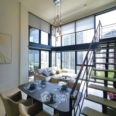 Luxurious modern living room with high ceilings and city view, featuring elegant dining area and stylish staircase.