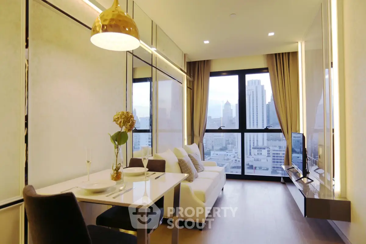 Modern living room with city view, stylish decor, and elegant lighting in high-rise apartment.