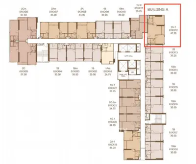Detailed floor plan of Building A showcasing apartment layouts and dimensions.