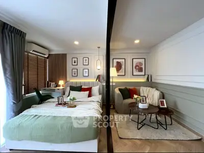 Stylish bedroom with cozy sitting area and modern decor