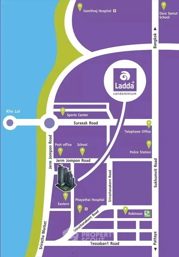 Map showing location of Ladda condominium with nearby amenities and roads.