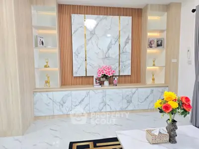 Elegant living room with marble accents and stylish decor